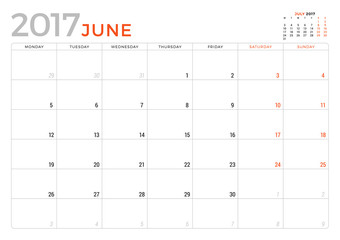 Calendar Planner for June 2017 Year. Vector Design Template. Week Starts Monday. Stationery Design