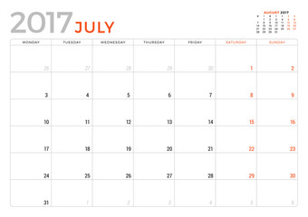 Calendar Planner for July 2017 Year. Vector Design Template. Week Starts Monday. Stationery Design