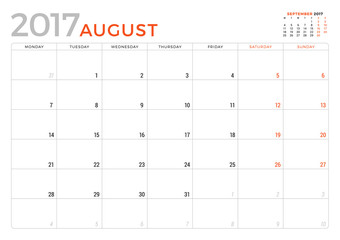 Calendar Planner for August 2017 Year. Vector Design Template. Week Starts Monday. Stationery Design
