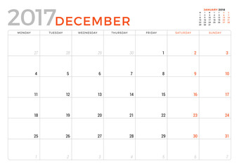 Calendar Planner for December 2017 Year. Vector Design Template. Week Starts Monday. Stationery Design