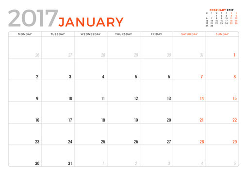 Calendar Planner for January 2017 Year. Vector Design Template. Week Starts Monday. Stationery Design