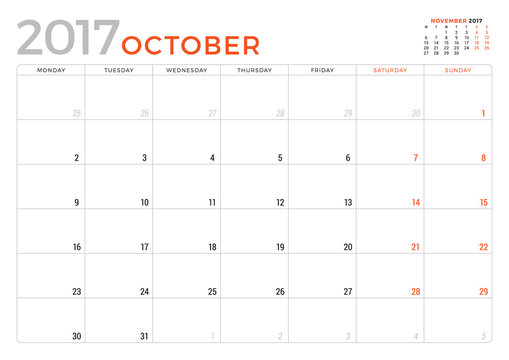 Calendar Planner for October 2017 Year. Vector Design Template. Week Starts Monday. Stationery Design