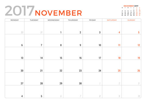 Calendar Planner for November 2017 Year. Vector Design Template. Week Starts Monday. Stationery Design