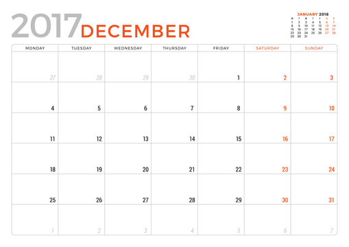 Calendar Planner for December 2017 Year. Vector Design Template. Week Starts Monday. Stationery Design