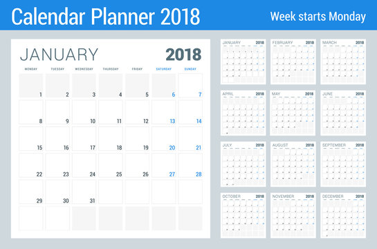 2018 calendar planner vector design template. Set of 12 months. Week starts on Monday. Stationery design