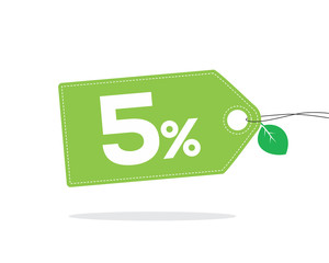 Green price tag label with 5% text and stitches on it and with a leaf and shadow isolated on white background. For spring and summer sale campaigns.