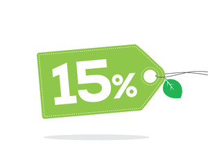 Green price tag label with 15% text and stitches on it and with a leaf and shadow isolated on white background. For spring and summer sale campaigns.