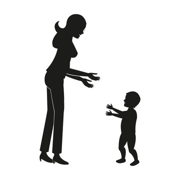 Silhouette Mother Baby Walking Vector Illustration Eps 10