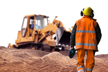 travaux chantier homme ouvrier buldozer tracteur pelleteuse sable terre terrassement construction...