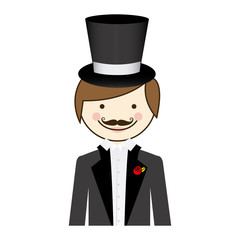 colorful silhouette cartoon half body groom with suit and hat vector illustration