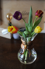 Flowers tulips in a glass container for brewing coffee as in a vase.