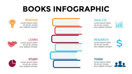 Vector books infographic, education diagram, knowledge chart, learn study graph presentation. Business read concept with 6 options, parts, steps, processes.