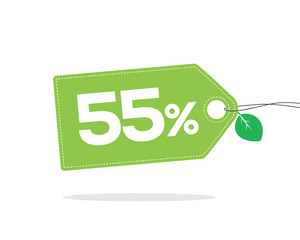 Green price tag label with 55% text and stitches on it and with a leaf and shadow isolated on white background. For spring and summer sale campaigns.