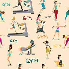 Seamless pattern women doing fitness exercises in the gym. Carto