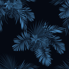 Blue indigo tropical pattern with jungle plants. Seamless tropical fabric design with phoenix palm leaves.