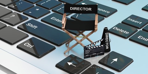 Movie director chair on a laptop. 3d illustration