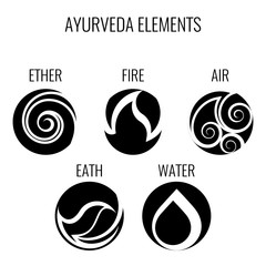 Ayurveda vector elements and doshas icons isolated on white