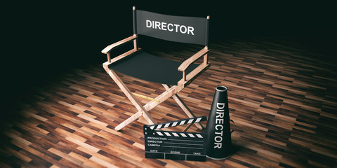 Movie director chair and clapper on wooden background. 3d illustration - obrazy, fototapety, plakaty