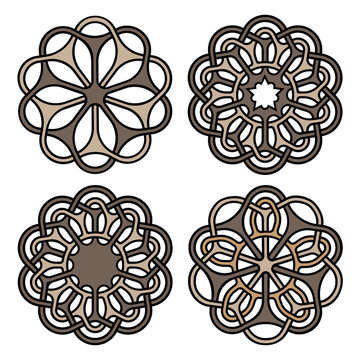Oriental and celtic outline knots or abstract geometry design elements isolated on white background. Ornate mandalas or tattoo symbols set. Vector illustration