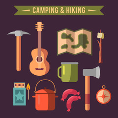 Camping flat set with hiking equipment vector icons set