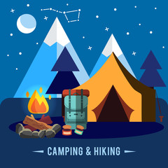 Camping flat set with hiking equipment vector illustration