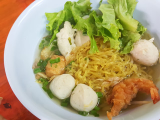 Thai food style:A prawn noodle soup served with pork and meaballs
