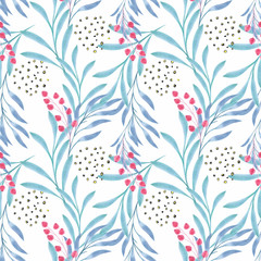 Seamless floral pattern.Watercolor branches,  berries on a white background.