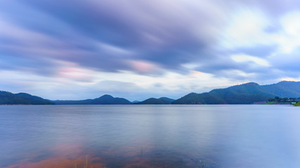 Fototapeta na wymiar Long exposure scenery of Srinagarind Reservoir or Srinakharin dam , Kanchanaburi Province , Thailand