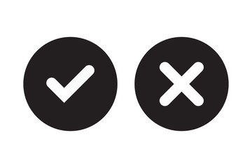 Tick and cross black signs. Gray checkmark OK and red X icons, isolated on white background. Simple marks graphic design. Circle symbols YES and NO button for vote, decision, web. Vector illustration