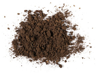 Pile of soil isolated on white background, top view