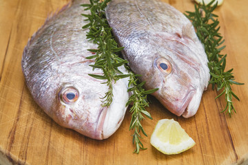 Red snapper with rosemary and lemon on chopping board