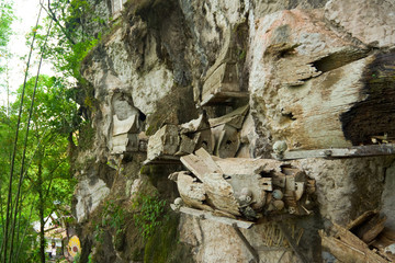 Cliffside Hanging Wooden Coffins in Tana Toraja, Sulawesi Indonesia
