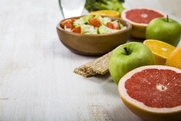 Food for diet  on a wooden table.
