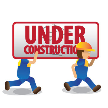 men workers with blue jumpsuit and yellow helmet carrying under construction sign, vector illustration
