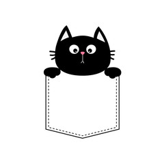 Black cat head face in the pocket holding hands. T-shirt design. Funny Baby card. Cute cartoon character Kitten Pet collection Flat design White background Isolated
