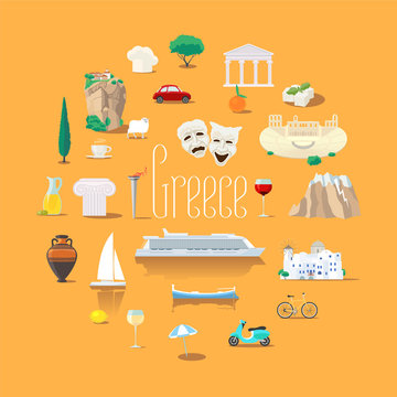 Set of icons with Greek landmarks in vector
