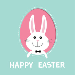 Happy Easter. Smiling bunny rabbit hare inside painted egg frame window. Bow tie accessory. Dash line contour. Cute cartoon character. Baby greeting card. Blue background. Flat design.