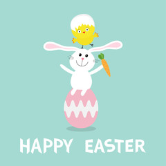 Rabbit baby chick bird friends sitting on painting pink egg shell. Happy Easter bunny Chicken pyramid set. Farm animal. Cute cartoon funny character. Greeting card. Blue background. Flat design.