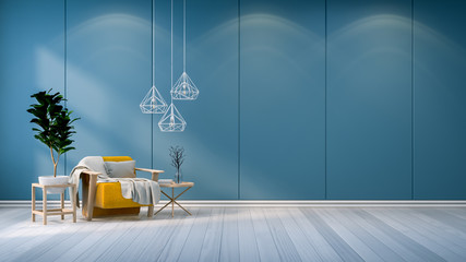 Minimalist room interior,yellow  sofa  with white lamp and  plant on blue wall  /3d render