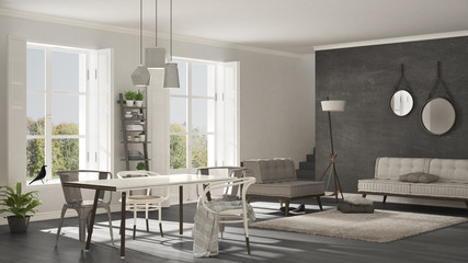 Scandinavian living room with big windows, garden panorama in background, minimalist white and gray interior design