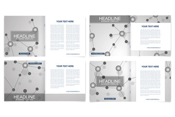 Templates for square brochure. Leaflet cover presentation. Business, science, technology design book layout. Scientific molecule background