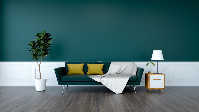 Modern green room interior,green sofa and plant with wood cabinet on wood flooring and  green wall  /3d render