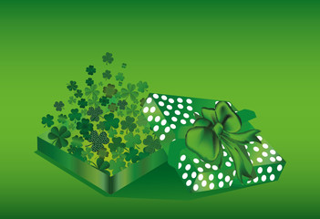 Open the gift box with the flying out clover three-leaf inside. St.Patrick 's Day. 