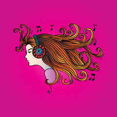 Girl with headphones listening to music .