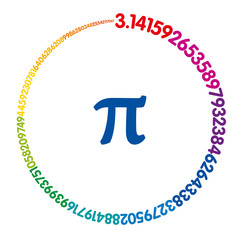 Hundred digits of number Pi forming a rainbow colored circle. Value of infinite number Pi accurate to ninety-nine decimal places. Spectrum colored sequence. Illustration on white background. Vector.