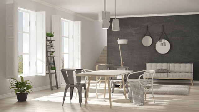 Scandinavian living room with big windows, minimalist white and gray interior design