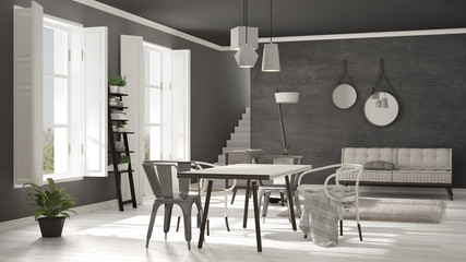 Scandinavian living room with big windows, minimalist white and gray interior design