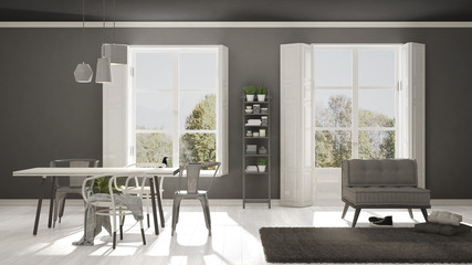 Scandinavian living room with big windows, garden panorama in background, minimalist white and gray interior design