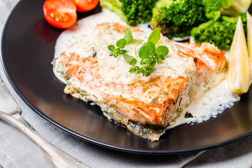 Grilled Salmon Steak with Cream sauce