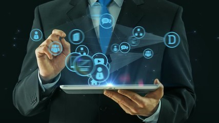 Business man pointing on digital media network concept tablet pad - Powered by Adobe